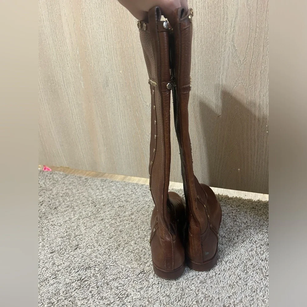 Tory Burch Mae Gold Studs Brown Pebble Leather Tall Riding Boots Women's Size 6